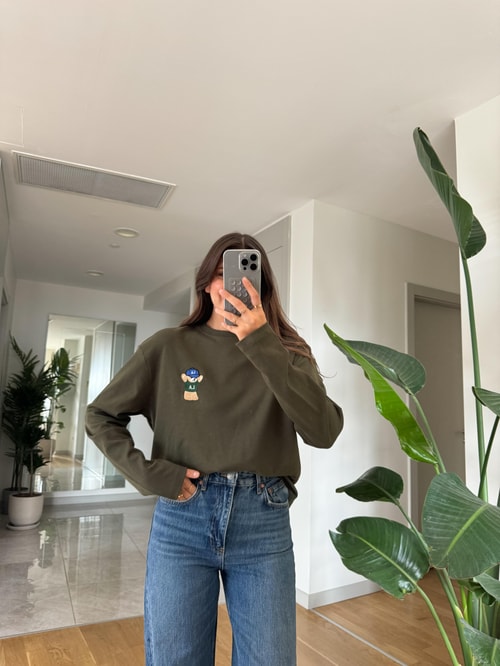 Qu Teddy Nakışlı Basic Bluz-Haki
