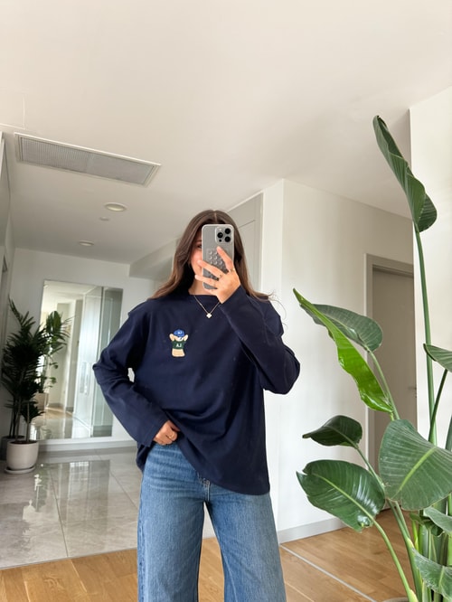 Qu Teddy Nakışlı Basic Bluz-Lacivert