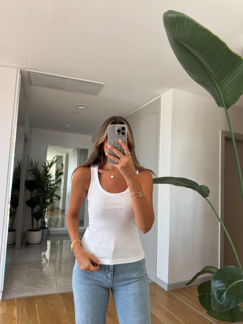 Qu U Yaka Taşlı Atlet -  Beyaz