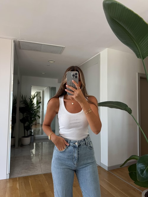 Qu U Yaka Taşlı Atlet -  Beyaz