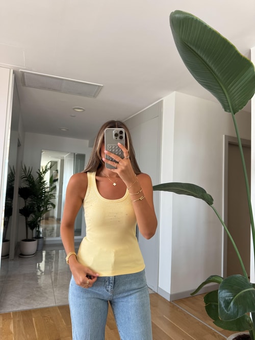 Qu U Yaka Taşlı Atlet -  Sarı 