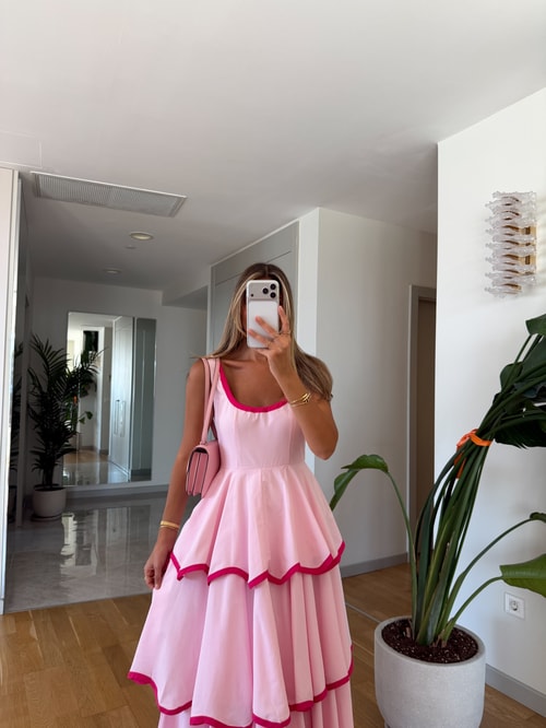 Renkli Biyeli Kat Kat Elbise - Pembe