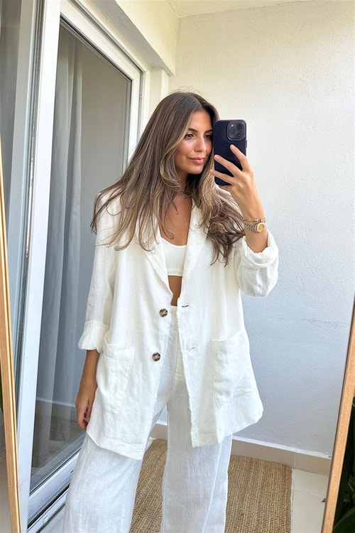 Rocco Premium Keten Blazer Ceket-Beyaz