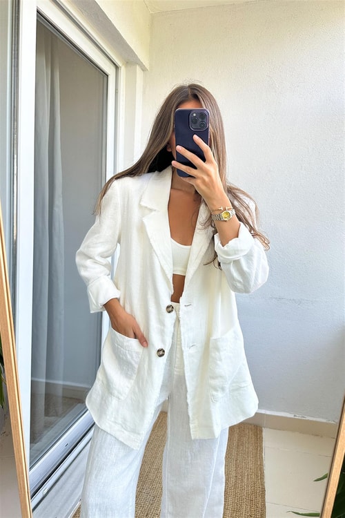 Rocco Premium Keten Blazer Ceket-Beyaz