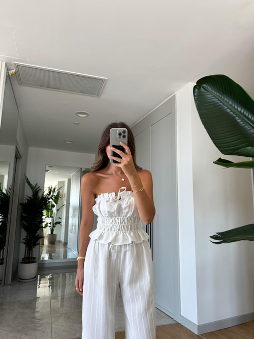 Rozanna  Çizgili Bluz Pantolon Takım-Beyaz