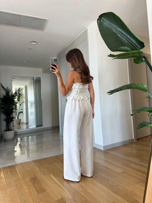 Rozanna  Çizgili Bluz Pantolon Takım-Beyaz