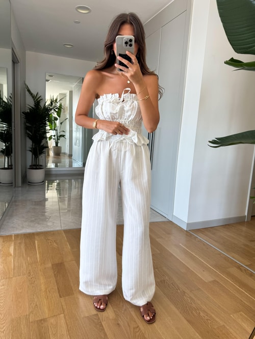 Rozanna  Çizgili Bluz Pantolon Takım-Beyaz