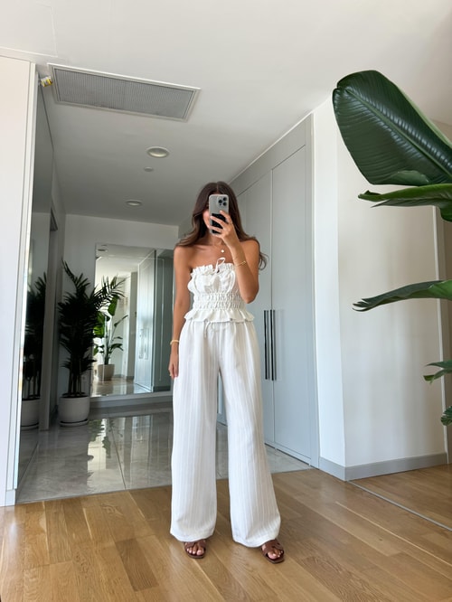 Rozanna  Çizgili Bluz Pantolon Takım-Beyaz