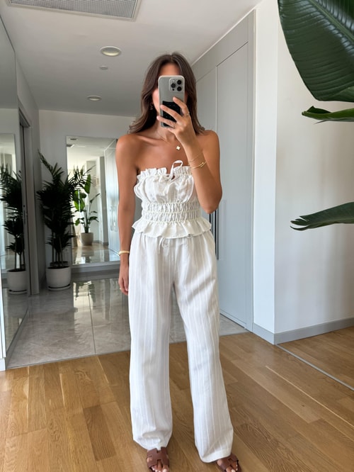 Rozanna  Çizgili Bluz Pantolon Takım-Beyaz