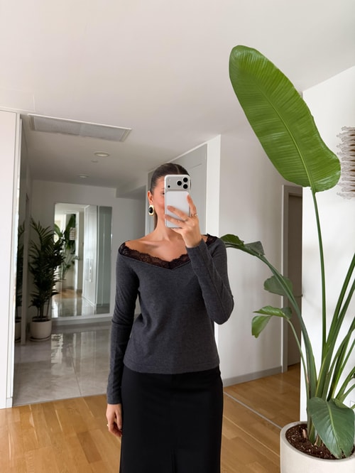 Ruller V Yaka Dantel Detaylı Triko - Antrasit