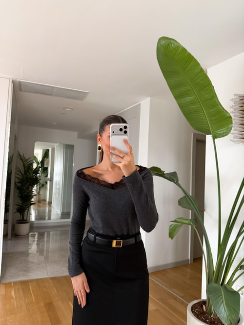 Ruller V Yaka Dantel Detaylı Triko - Antrasit