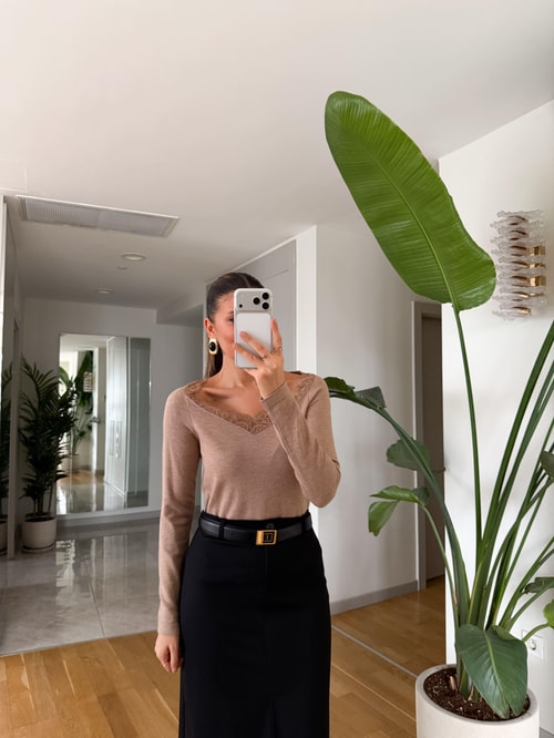 Ruller V Yaka Dantel Detaylı Triko - Camel