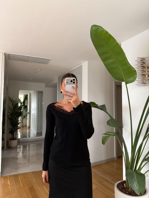 Ruller V Yaka Dantel Detaylı Triko - Siyah