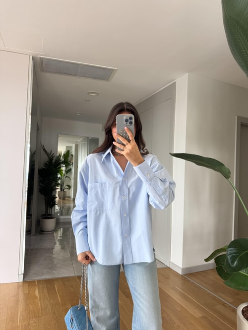 Rv Tek Cepli Poplin Premium Gömlek-Mavi