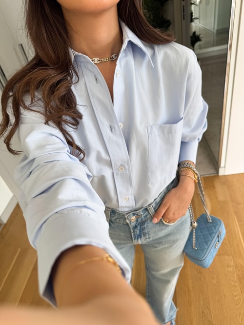 Rv Tek Cepli Poplin Premium Gömlek-Mavi