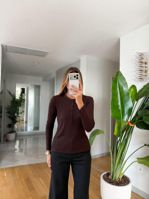 Sara Düğmeli Fitilli Bluz - Kahve