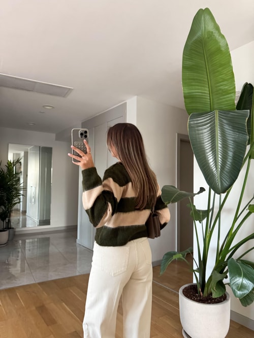 Şardonlu Gold Düğmeli Çizgili Hırka - Haki