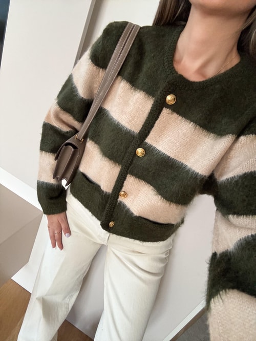 Şardonlu Gold Düğmeli Çizgili Hırka - Haki