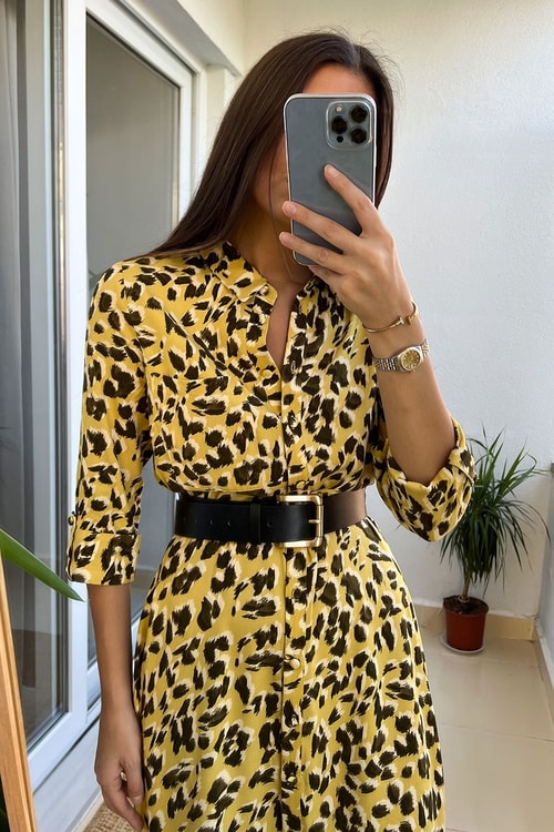 Sarı Leopar Desenli Elbise