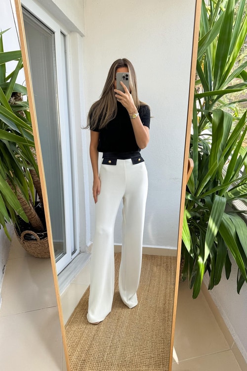 Saten Cep Düğme Detaylı Krep Pantolon-Ekru