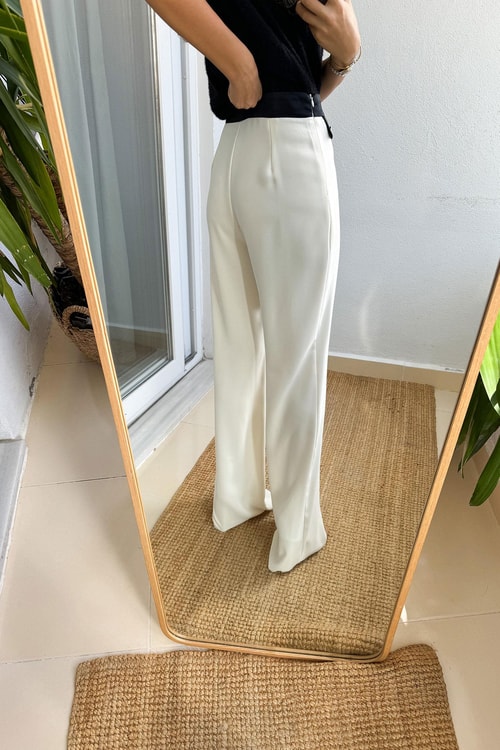 Saten Cep Düğme Detaylı Krep Pantolon-Ekru