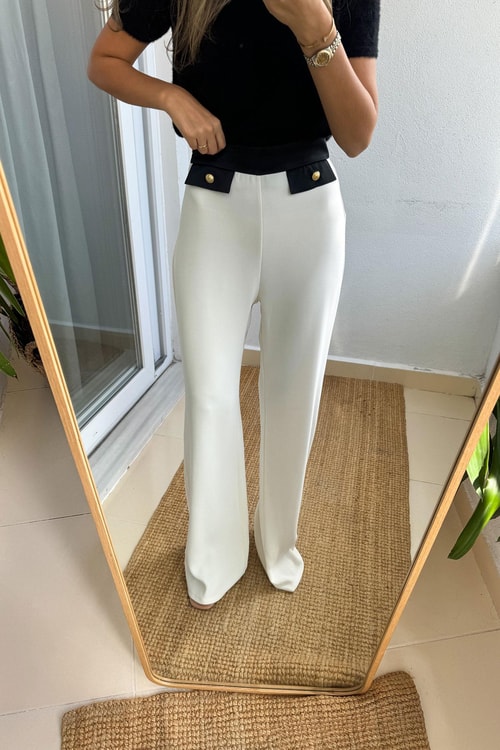 Saten Cep Düğme Detaylı Krep Pantolon-Ekru
