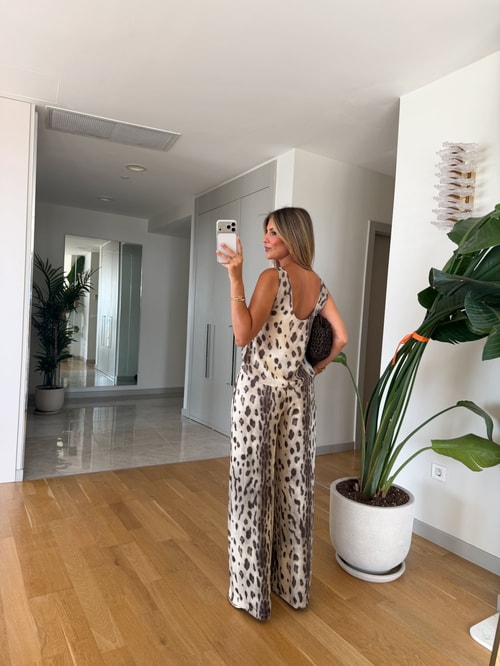 Saten Dokulu Leopar Pantolon Takım