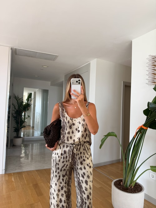 Saten Dokulu Leopar Pantolon Takım