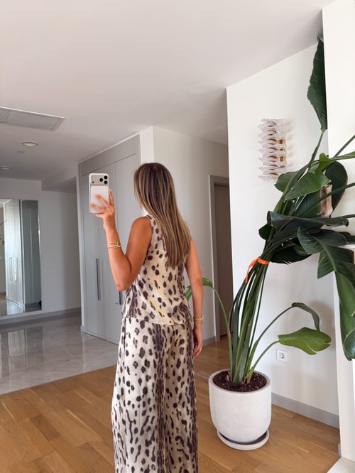 Saten Dokulu Leopar Pantolon Takım