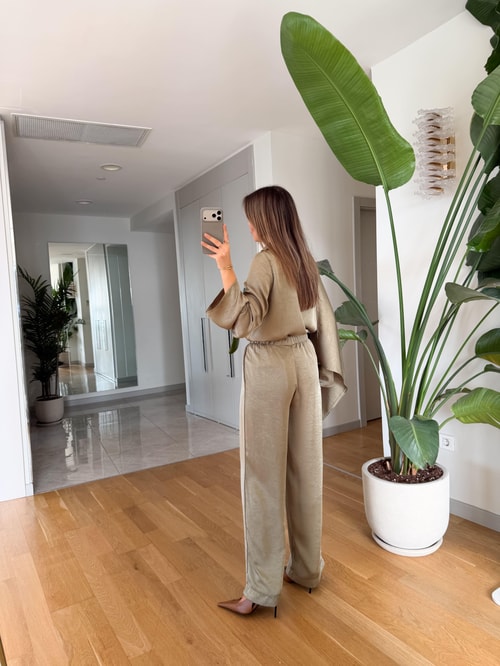 Saten Şallı Bluz Pantolon Takım - Çağla Yeşili