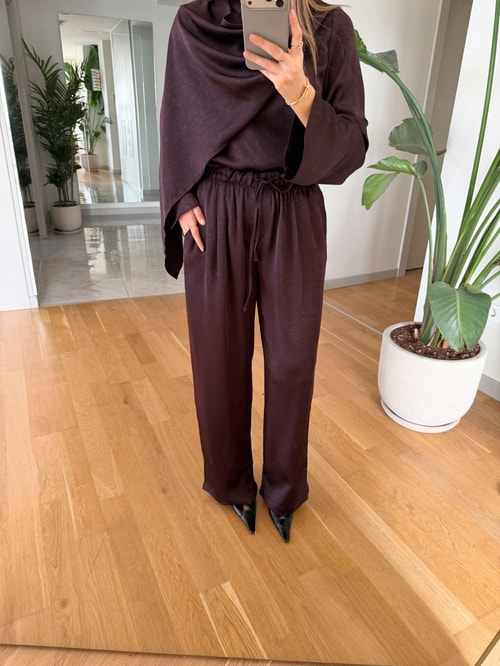 Saten Şallı Bluz Pantolon Takım - Mürdüm