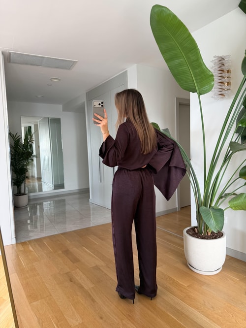 Saten Şallı Bluz Pantolon Takım - Mürdüm