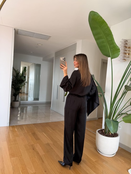 Saten Şallı Bluz Pantolon Takım - Siyah