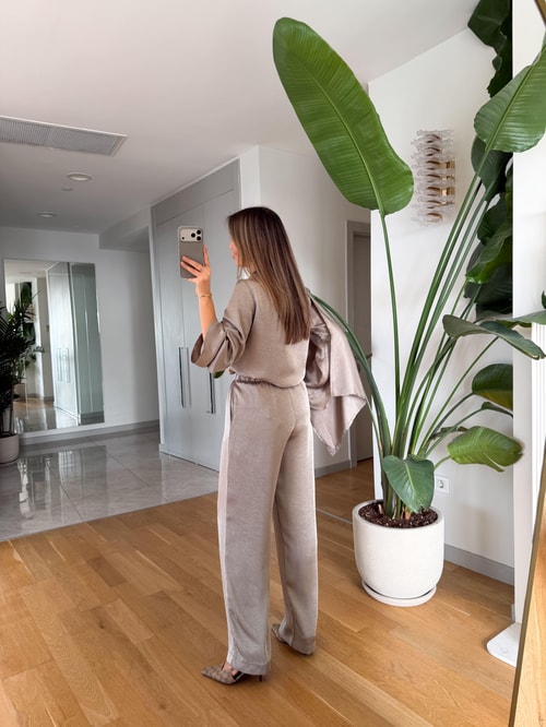 Saten Şallı Bluz Pantolon Takım - Vizon