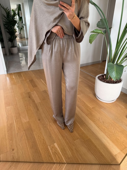 Saten Şallı Bluz Pantolon Takım - Vizon