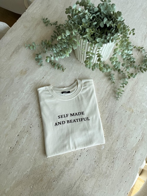 Self Made Yazılı Tişört-Ekru