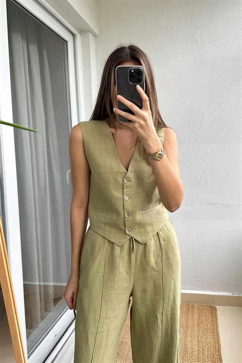 Senia Keten Düğmeli Yelek-Soft Yeşil