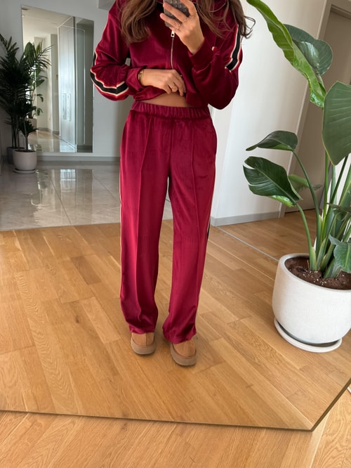 Şeritli Kadife Eşofman Takımı-Bordo