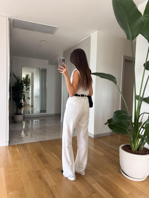 Sienna Pamuk Keten Bluz Pantolon Takım - Beyaz