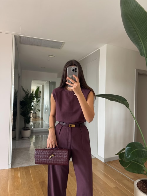 Sienna Pamuk Keten Bluz Pantolon Takım - Mürdüm