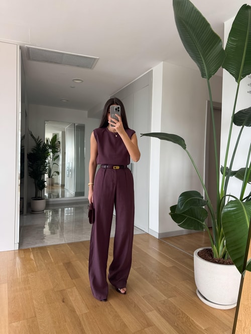 Sienna Pamuk Keten Bluz Pantolon Takım - Mürdüm