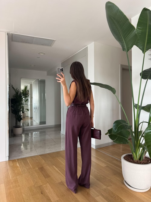 Sienna Pamuk Keten Bluz Pantolon Takım - Mürdüm