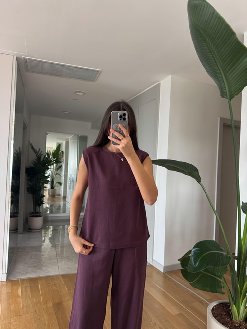 Sienna Pamuk Keten Bluz Pantolon Takım - Mürdüm