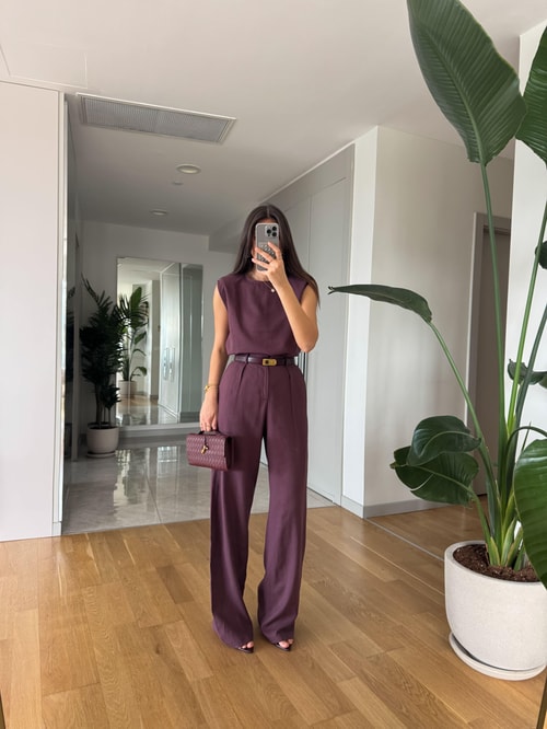 Sienna Pamuk Keten Bluz Pantolon Takım - Mürdüm