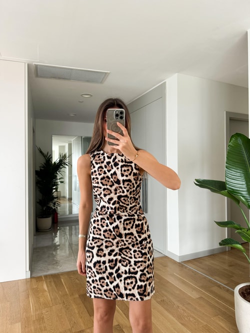 Sıfır Kol Leopar Desenli Elbise