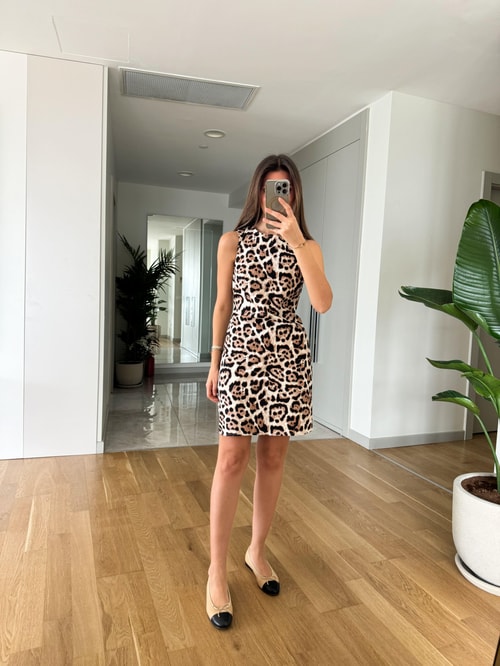 Sıfır Kol Leopar Desenli Elbise