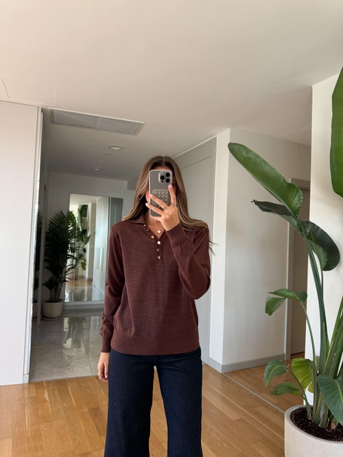 Simli Polo Yaka Triko - Kahve