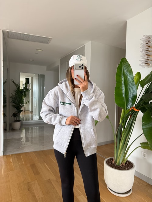 Sırt Baskılı Fermuarlı Sweatshirt - Gri