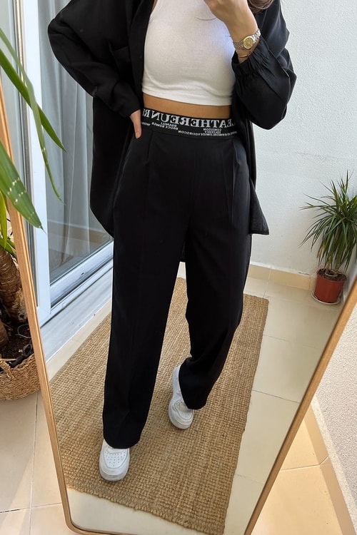 Siyah Beli Lastikli Yazılı Pantolon