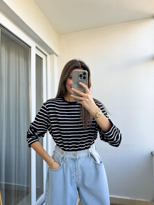 Siyah Çizgili Vatkalı Basic Bluz
